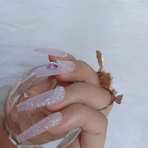 24Pcs Pearl Pink Press on Nails Long Fake Nails Acrylic Ballet coffin Design Nails for Women and Girls False Nails