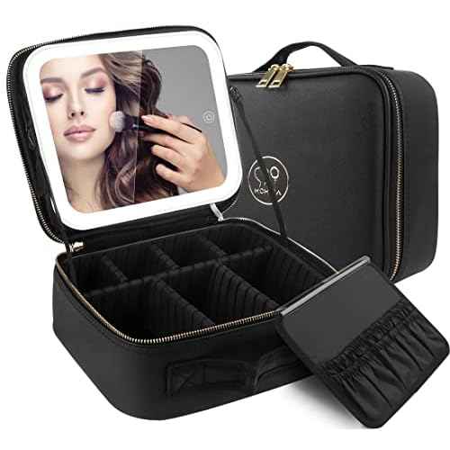 MOMIRA Travel Makeup Bag Cosmetic Bag Makeup Organizer Bag with Lighted Mirror, Adjustable Brightness in 3 Color Scenarios, Waterproof Makeup Train Case, Gift for Women - Black