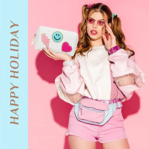 Sanwuta 12 Pcs Christmas Preppy Patch Makeup Bag Chenille Letters Cosmetic Bag PU Leather Preppy Organizer Small Smile Heart Toiletry Pouch Portable Waterproof Storage Purse Pouch for Women Adults