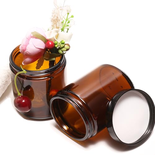 9 Pack Amber Glass Jars, 8 Oz Thick Amber Round Glass Jars, with Black Lids& Inner Liners, for Spice, Liquid, Sample, Leakproof and Cosmetic,Slime,candle