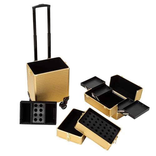 4 in 1 Portable Traveling Aluminum Professional Makeup Trolley Cart with Multiple-Sized Compartments and Wheels (Light gold)