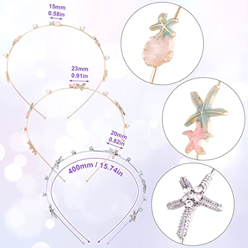 3pcs Rhinestone Starfish Headbands Handmade Pearl Seashell Mermaid Headbands Crystal Hair Hoops Bridal Headpiece Vine Tiara Halloween Beach Wedding Hair Accessories for Bride Women Silver Gold