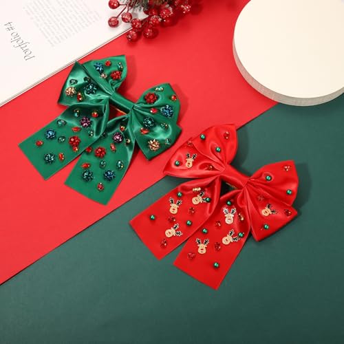 2PCS Christmas Hair Bow Clips for Women Christmas Accessories Xmas Bow Tree Reindeer Snowflake Hair Bows Silky Satin Red Green Bows Holiday Hair Ribbons Christmas Outfits Holiday Gifts