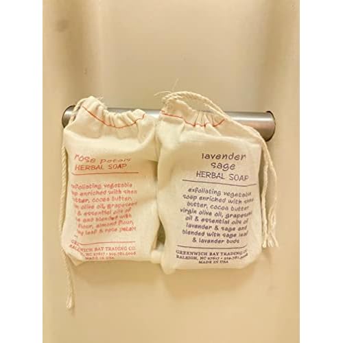 Greenwich Bay Trading Set of 2 Herbal Soaps Lavender Sage and Rose Petal - 6.4 Oz Bars Wrapped in Drawstring Cloth Sacks-Enriched with Shea Butter, Virgin Olive Oil and Fresh Botanical Scents