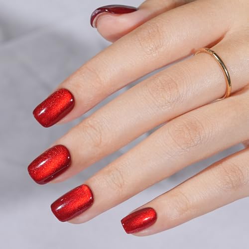 Press On Nails Short - Red Press On Nails Cat Eye Acrylic Square Halloween Nails with Nail Glue, Fit Perfectly Stick On Nails in 16 Sizes - 32PCS Soft Gel Kit,Crimson Fang