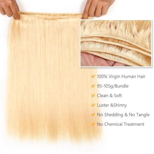 QTHAIR #613 Blonde Hair Straight Human Hair Bundles (10" 12" 14",300g)16A Grade 100% Brazilian Color #613 Platinum Blonde Straight Brazilian Virgin Human Hair 3 Bundles
