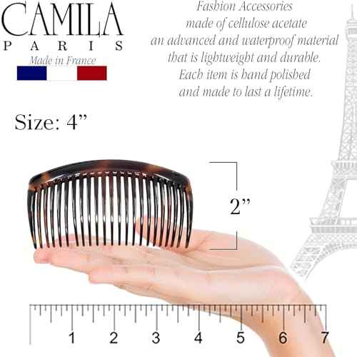 Camila Paris AD66/2 French Side Comb Large Curved Tortoiseshell Hair Combs for Women Fine Hair, 4 Inch Strong Hold Comb for Women Bun Chignon Up-Do Styling Girls Hairstyle Accessories, Made in France