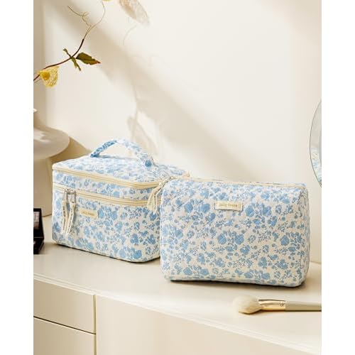 HBselect 2Pcs Travel Makeup Bag, Large Cotton Quilted Makeup Bag Cosmetic Bag Cute Make up Bag Toiletry Bags for Women Girls
