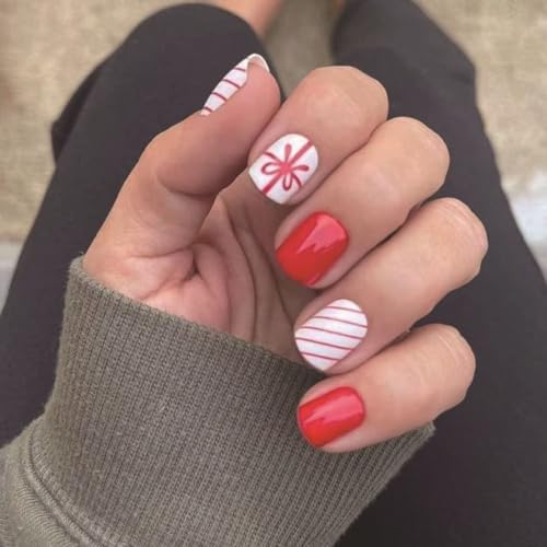 24 Pcs Christmas Press On Nails Short Square - ZIFANHU Cute Red Fake Nails Press Ons Nail Art Tips Full Cover Acrylic Glossy False Nails with Red Line Gift Box Design Glue on Nails for Women Girls