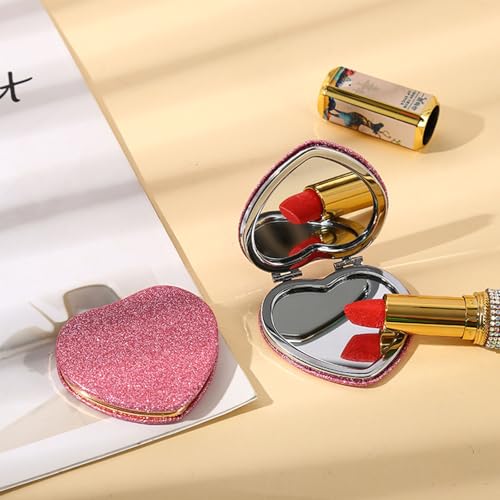 6 Pack Sparkly Pokect Heart Mirror Travel Compact Magnifying Folding Mirror for Purse Mini Vanity Cosmetic Lashes Makeup Double-Sided Cute Glitter Pink