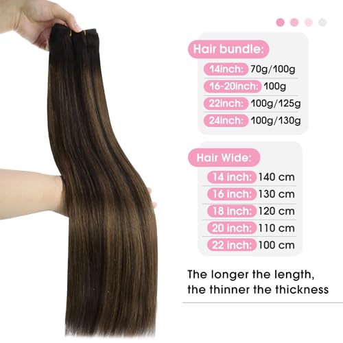 YoungSee Human Hair Sew in Extensions Brown Balayage Human Hair Weft Extensions Darkest with Medium Brown Balayage Sew in Hair Extensions Long Straight Hair 100G 22Inch