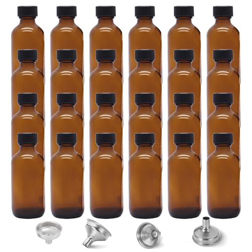 24 Pack 2oz Amber Glass Bottles for Vanilla Extract, Boston Round Leak-Proof Brown Glass Jars with Caps, Bonus Funnel - Ideal for Homemade Extracts, Essential Oils, DIY Christmas Party Gift Supplies