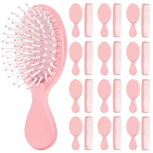 24 Pcs Mini Hair Brush Set 12 Travel Wet Dry Hair Combs Small Pocket Detangling 12 Plastic Combs for Spa Birthday Sleepover Bridal Shower Bachelorette Christmas Party Gift Box(Pink)