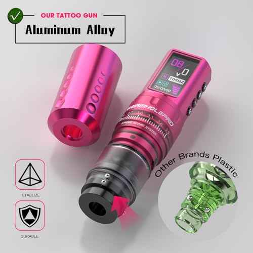 WORMHOLE PRO 80PCS Tattoo Gun Kit with 7 Adjustable Strokes, 1,800 mAh Capacity Replacement Power Supply, Digital LED Display, 20Pcs Tattoo Needles for Artists - Pink