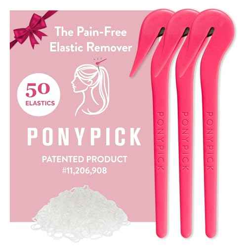 THE PONY PICK Hair Elastic Rubber Bands Cutter Tool Easy To Use, Pain Free, No Hair Damage Ponytail Cutter Tool for Kids & Toddlers (3 Picks & 50 Clear Hair Elastics)