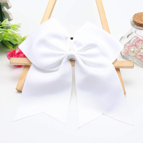 40Pcs 8" Large Cheer Hair Bows Grosgrain Ribbon Elastic Bands Handmade Ponytail Holder for Cheerleading Girls School College Sports (white)