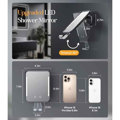 Gospire Heated Shower Mirror Fogless for Shaving with Light, Rechargeable Battery and Adjustable Brightness, Suction Cup and Razor Holder, Removable & NO-Drilling, Waterproof for Bathroom (Black)