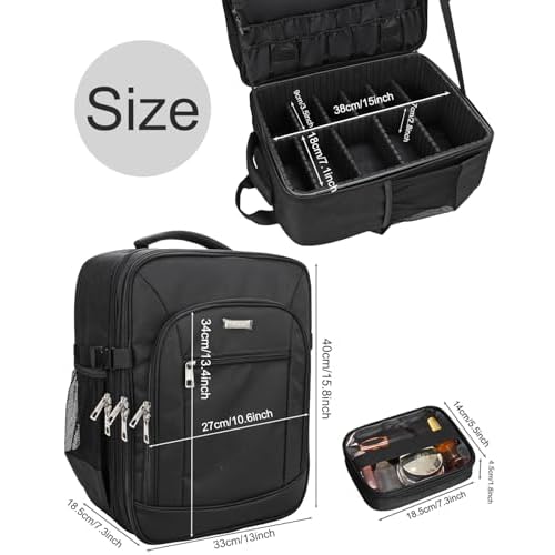 TANTO Makeup Backpack Makeup Artist Bag Professional Extra Large Cosmetic Bag Travel Train Case Storage Organizer Double-Layer Large Capacity Cosmetic Case with 4 Pouch(Black)