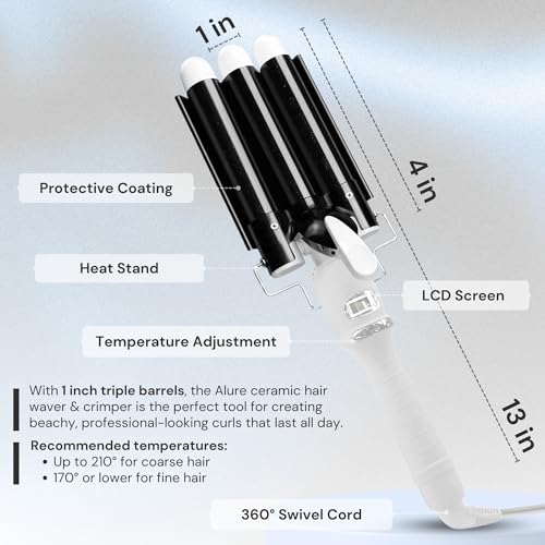 Alure Three Barrel Curling Iron Wand Hair Waver with LCD Temperature Display - 1 Inch Ceramic Tourmaline Triple Barrels, Dual Voltage Crimp (Black/White)