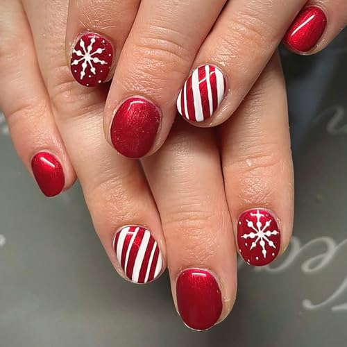 24Pcs Christmas Red Press on Nails - Short Square Snowflake False Nails With Red White Stripe Design - Full Cover Coffin Winter Glossy Glue on Nails for Women