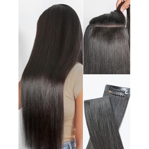 LUVME Invisible Clip in Hair Extensions, Yaki Straight Real Human Hair Remy Hair Clip ins for Women, Natural Human Hair, 16 inch 110g 6Pcs, Natural Black