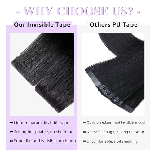 Invisible Tape In Hair Extensions Human Hair Natural Black 16 inch 20pcs 50g/Pack Seamless Invisible Straight Tape ins Human Hair Extensions for Women