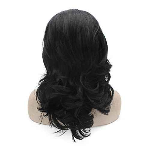 MX angel Medium Long Wavy Black Heat Resistant Synthetic Hair Lace Front Natural Wig