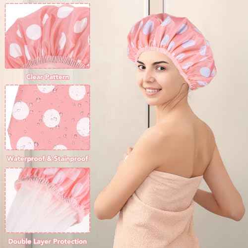 WSICSE 2 Packs Large Shower Caps for Women, Waterproof Shower Cap Double Layers Bath Caps with Hair Scrunchies for Long Thick Hair