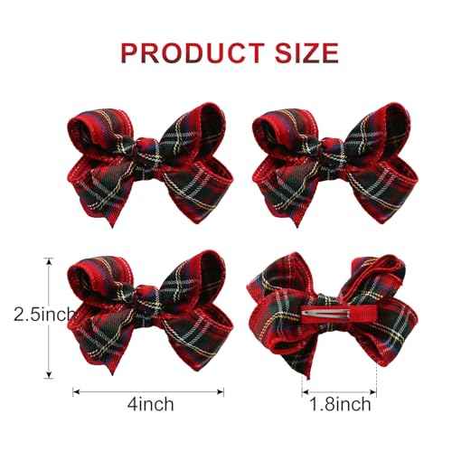 4PC Christmas Hair Bow Clips for Women Girls 4 Inch Party Hair Accessories Red with Green Plaid