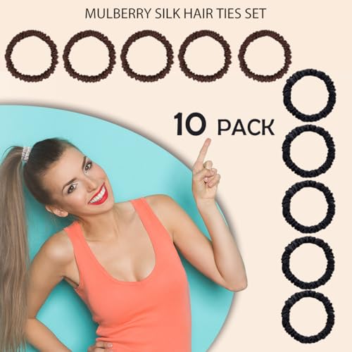 22 Momme 100% Pure Mulberry Silk Scrunchies (10 PCS) - Small Hair Elastics and Ties for Women Sleep, Hair Care No Damage, Black*5+Brown*5