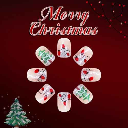 Christmas Press on Nails Lamp Fake Nails Silver Glitter French Tip False Nail with French Tip Design Xmas Tree Glue on Nails Acrylic Nail Glossy Full Cover Stick on Nail for Women Manicure 24Pcs