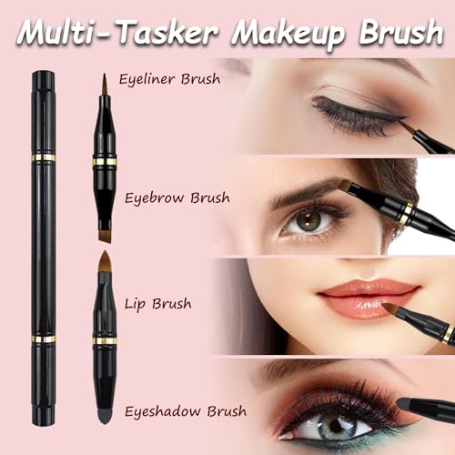 2 Pcs 4 in 1 Makeup Brush Set - Travel Size Powder/Blush, Foundation, Blending, Eye & Lip Brushes