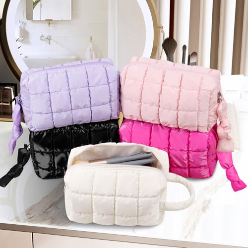 Puffy Quilted Makeup Bag, Cute Checkered Cosmetic Bags with Divider, Waterproof Travel Toiletry Bag, Make up Pouch for Women & Girls Travel Essentials (Bow, Pink, Medium)