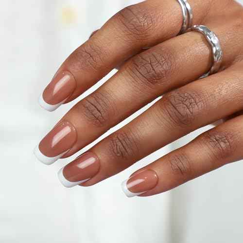 32 PCS Short Square Nude Brown Press on Nails- French Tip Gel Nail Fake Nails, 16 Sizes Glue On Nails Kit, Reusable False Nails with Mini Nail File for Women - Nude Brown Short Square