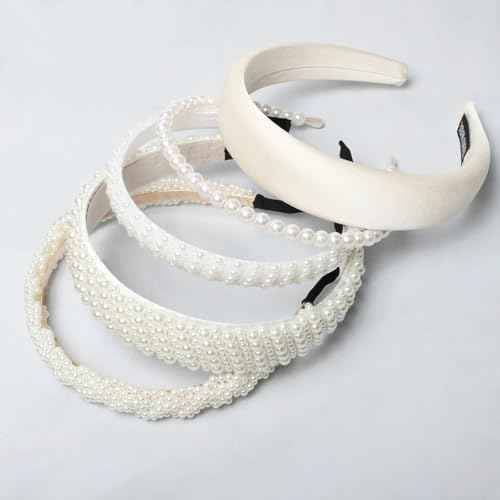5Pcs White Pearl Headbands for Women Faux Pearl Beaded Headbands Cute Padded Headband for Women Party Wedding Hair Accessories for Bridal