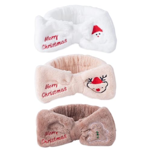 3pcs Christmas Spa Headband for Washing Face Skincare Makeup Cute Bow Headband for Women Christmas Hair Accessories Merry Small Gift for Coworkers Teen Girls - 3 Color Hair Band: White Cream Brown