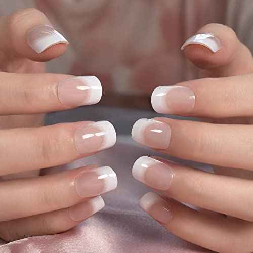 Short French Nail Tips Fake Nails Art Round Glossy Classy Nail Tips Press On Nails Charms With 24pcs Adhesive Tabs Mini Files Woody Stick For Women Girls Gift