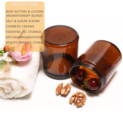 9 Pack Amber Glass Jars, 8 Oz Thick Amber Round Glass Jars, with Black Lids& Inner Liners, for Spice, Liquid, Sample, Leakproof and Cosmetic,Slime,candle