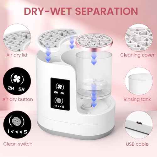 Buqikma Electric Makeup Brush Cleaner Machine with Dryer, USB Portable 3 in 1 Automatic Cosmetic Brush Deep Cleaning, Multi-Size Slots for Blush Brush, Contour, Eyeshadow, White