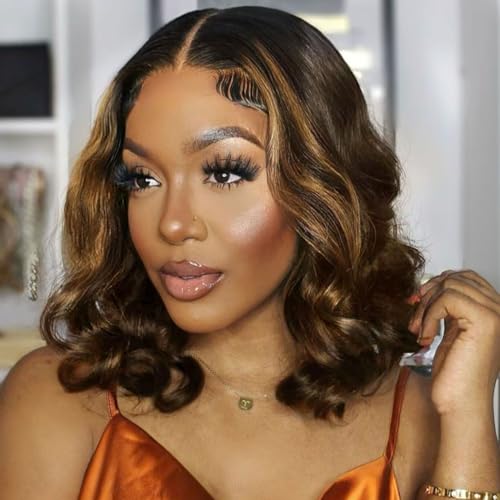 mscoco Bob Wig Human Hair 6¡¿5 Glueless Wigs Human Hair Pre Plucked Pre Cut 180% Density Closure Highlight Wig Human Hair for Black Women 1B/2/30 Wear and Go Honey Blonde Bob Wig 12inch