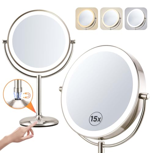 15X Lighted Makeup Mirror: 9 inch Magnifying Mirror with Lights, Make Up Mirrors Stand Up Double Sided, Rechargeable 3 Color Dimmable, Brushed Nickel