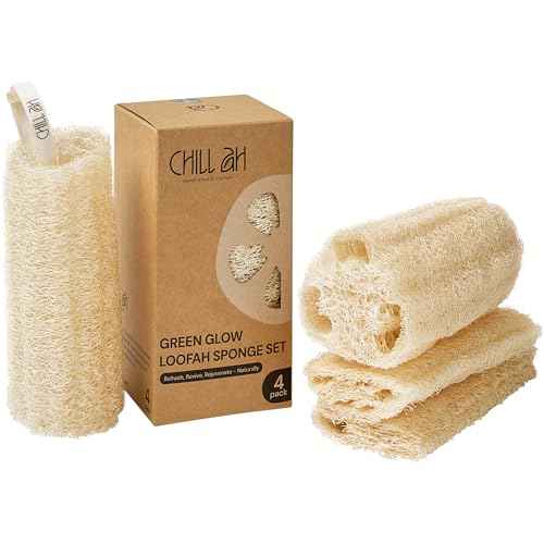 Chill Ah Natural Loofah Sponge Set ? 100% Plant-Based, Dye-Free, Biodegradable Bath Exfoliator for Glowing Skin ? Handcrafted in Vietnam (4-Pack)