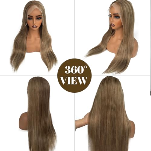 Belaved 6T6P18 13x4 Ombre Lace Front Wigs Human Hair for Women Ash Brown to Blonde Highlights HD Straight Lace Frontal Wig Human Hair 16 Inch 150% Density Pre Plucked Bleached Knots Glueless
