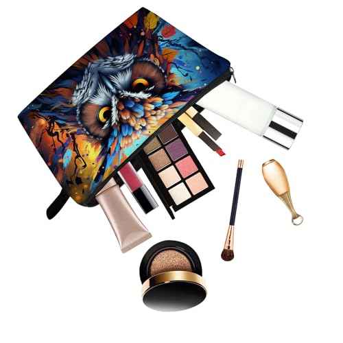 Owl Makeup Organizer Bag - Cute Small Cosmetic Bag with Zipper - Colorful Owl Print - Unisex - Polyester - 8.65 x 4.72 x 1.77 inches - 25 grams