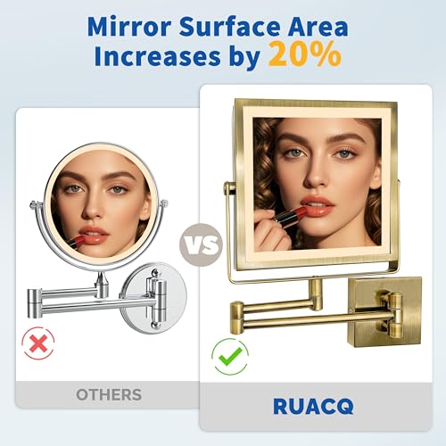 Ruacq Rechargeable Wall Mounted Makeup Mirror with Lights, Double Sided 1X/10X Magnifying Vanity Mirror with 3 Color Lights, Touch Screen Dimmable, 360¡Æ Rotation Extension Foldable Arm(Antique Brass)