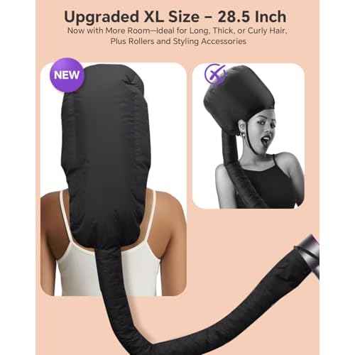 Hair Dryer Bonnet Attachment ? 28.5" XL Hooded Dryer Cap for Faster Drying & Deep Conditioning, Extra-Large Space Fits Thick, Curly Hair & Styling Tools (Black, Extra Large)