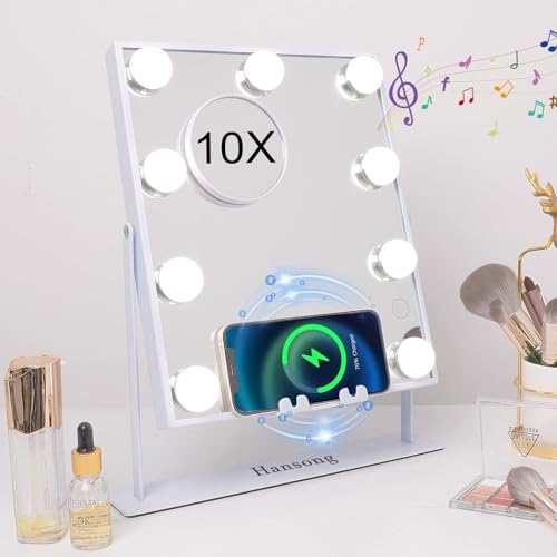 Hansong Lighted Vanity Mirror with Bluetooth Speaker and Wireless Charging Makeup Mirror with Lights 9 Dimmable Bulbs Lighted Makeup Mirror 3 Color Lighting Tabletop (White)