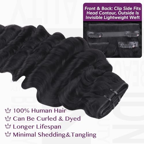 IDN BEAUTY Genius Weft Deep Wave Clip In Hair Extensions Human Hair For Black Girl Women, Virgin Hair Longer Lifespan, Invisible Seamless PU Weft Clip Ins, 14 Inch 100g 7Pcs Natural Black