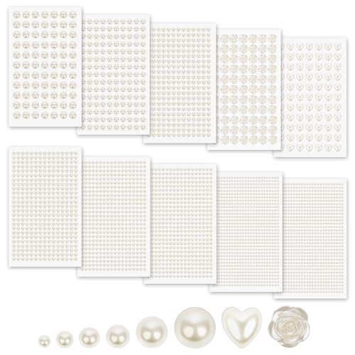 3701PCS Pearl Stickers Pearls for Crafting - Self Adhesive Pearls for Hair Face Makeup Eye Nail Crafts, Stick On Gems (White, Assorted Sizes)