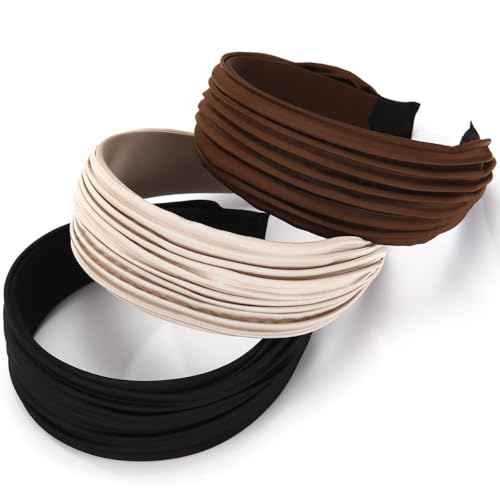 3 Pack Pleated Headbands for Women, Solid Color Wide Embroidered Headband, Fashion Hairbands Hair Accessories for Women Girls (3 Pcs Style E)